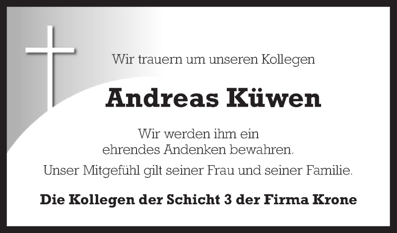  Traueranzeige für Andreas Küwen vom 09.09.2013 aus Neue Osnabrücker Zeitung GmbH & Co. KG