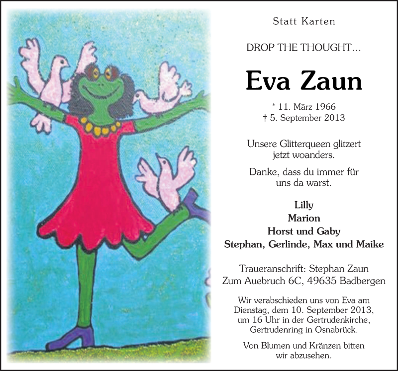  Traueranzeige für Eva Zaun vom 07.09.2013 aus Neue Osnabrücker Zeitung GmbH & Co. KG