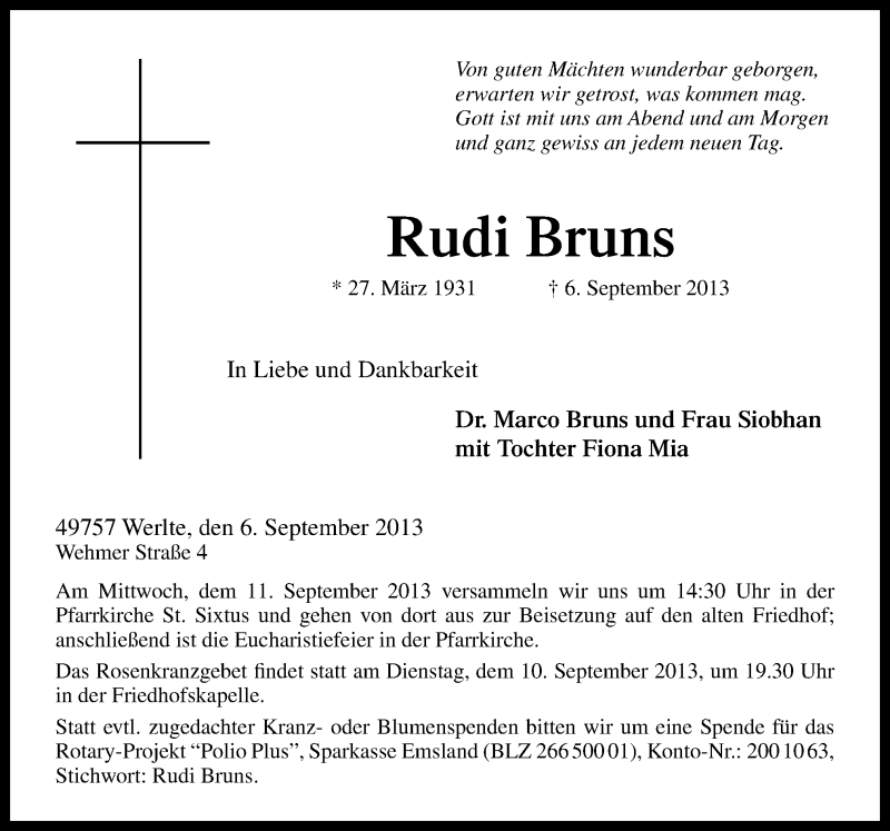  Traueranzeige für Rudi Bruns vom 09.09.2013 aus Neue Osnabrücker Zeitung GmbH & Co. KG