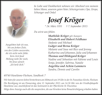 Traueranzeige von Josef Kröger von Neue Osnabrücker Zeitung GmbH & Co. KG