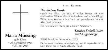 Traueranzeige von Maria Müssing von Neue Osnabrücker Zeitung GmbH & Co. KG