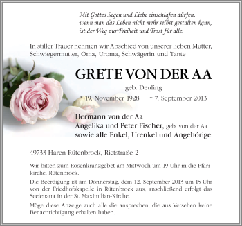 Traueranzeige von Grete von der Aa von Neue Osnabrücker Zeitung GmbH & Co. KG