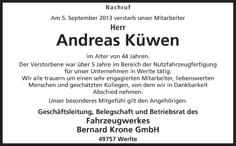  Traueranzeige für Andreas Küwen vom 10.09.2013 aus Neue Osnabrücker Zeitung GmbH & Co. KG