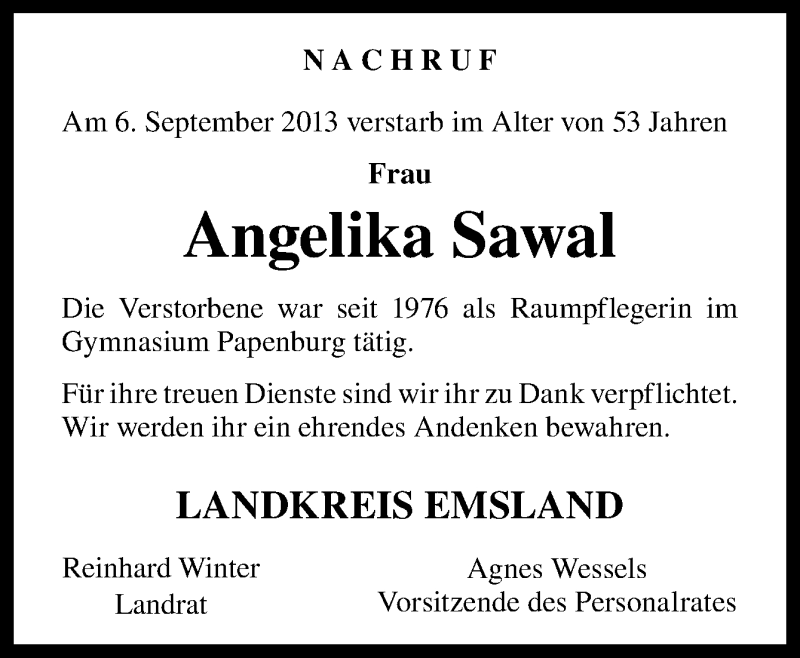 Traueranzeige für Angelika Sawal vom 11.09.2013 aus Neue Osnabrücker Zeitung GmbH & Co. KG