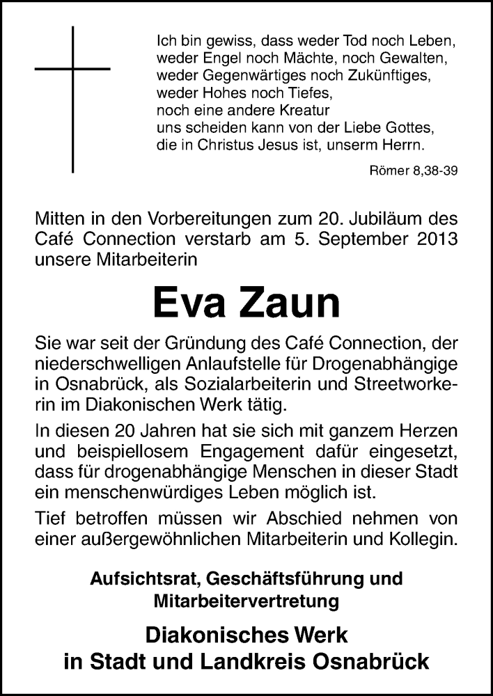  Traueranzeige für Eva Zaun vom 10.09.2013 aus Neue Osnabrücker Zeitung GmbH & Co. KG
