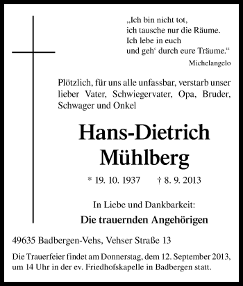 Traueranzeige von Hans-Dietrich Mühlberg von Neue Osnabrücker Zeitung GmbH & Co. KG