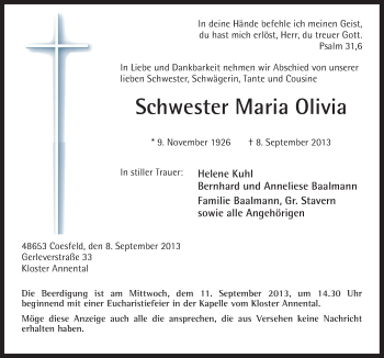 Traueranzeige von Maria Olivia von Neue Osnabrücker Zeitung GmbH & Co. KG