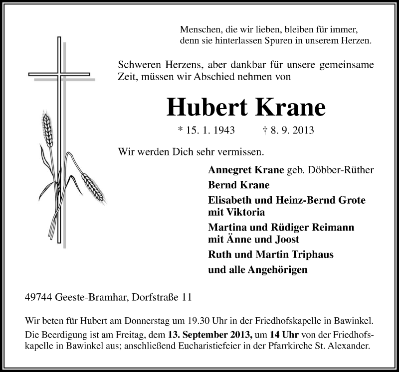  Traueranzeige für Hubert Krane vom 11.09.2013 aus Neue Osnabrücker Zeitung GmbH & Co. KG