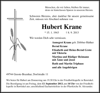 Traueranzeige von Hubert Krane von Neue Osnabrücker Zeitung GmbH & Co. KG