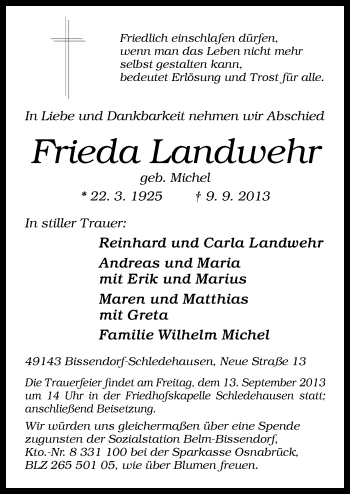 Traueranzeige von Frieda Landwehr von Neue Osnabrücker Zeitung GmbH & Co. KG