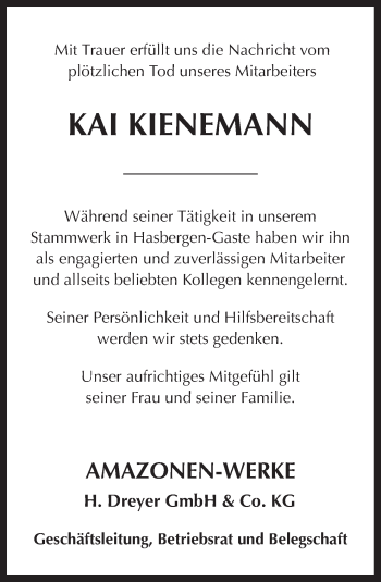 Traueranzeige von Kai Kienemann von Neue Osnabrücker Zeitung GmbH & Co. KG