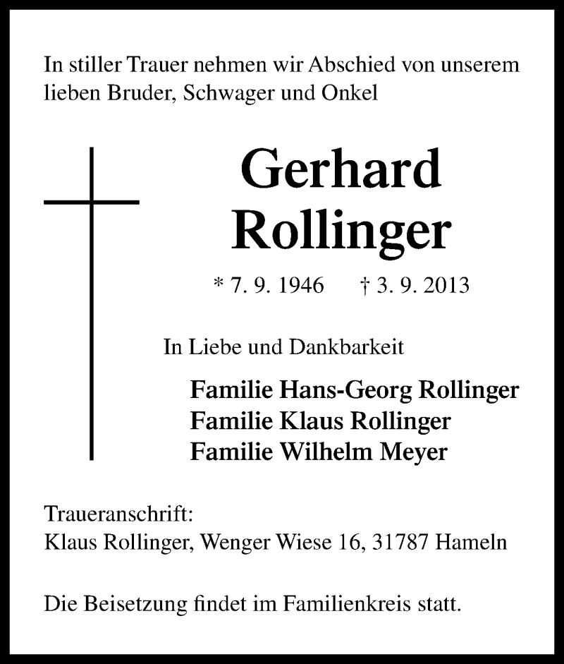  Traueranzeige für Gerhard Rollinger vom 12.09.2013 aus Neue Osnabrücker Zeitung GmbH & Co. KG