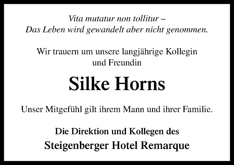  Traueranzeige für Silke Horns vom 11.09.2013 aus Neue Osnabrücker Zeitung GmbH & Co. KG