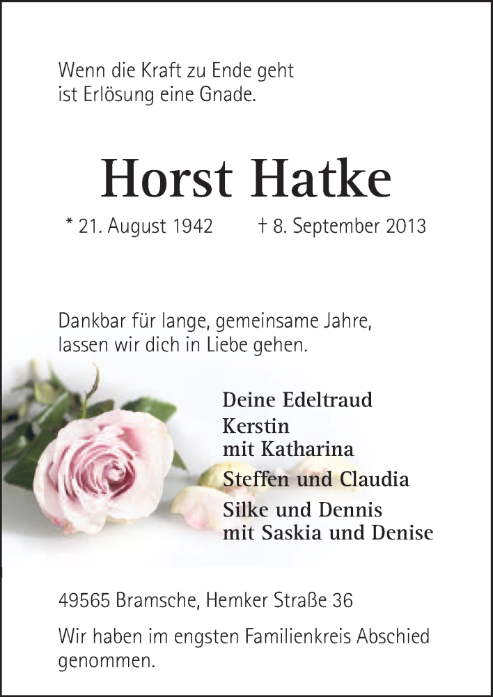  Traueranzeige für Horst Hatke vom 14.09.2013 aus Neue Osnabrücker Zeitung GmbH & Co. KG
