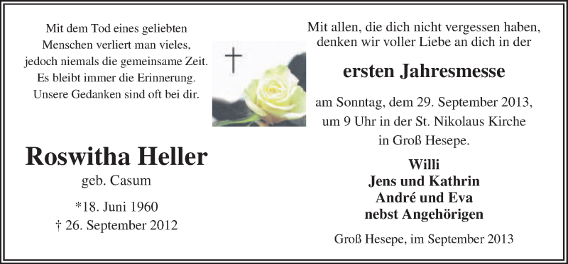  Traueranzeige für Roswitha Heller vom 26.09.2013 aus Neue Osnabrücker Zeitung GmbH & Co. KG