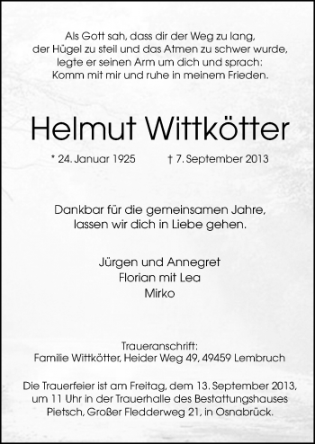Traueranzeige von Helmut Wittkötter von Neue Osnabrücker Zeitung GmbH & Co. KG