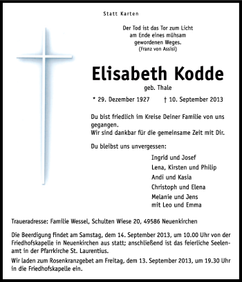 Traueranzeige von Elisabeth Kodde von Neue Osnabrücker Zeitung GmbH & Co. KG