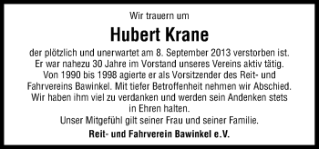 Traueranzeige von Hubert Krane von Neue Osnabrücker Zeitung GmbH & Co. KG