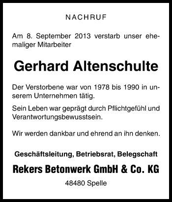 Traueranzeige von Gerhard Altenschulte von Neue Osnabrücker Zeitung GmbH & Co. KG