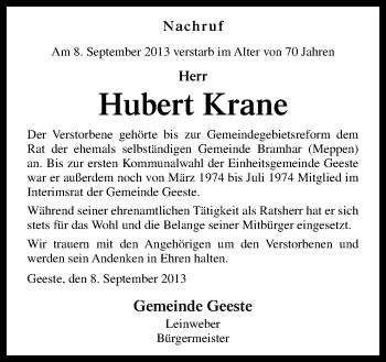 Traueranzeige von Hubert Krane von Neue Osnabrücker Zeitung GmbH & Co. KG