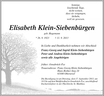 Traueranzeige von Elisabeth Klein-Siebenbürgen von Neue Osnabrücker Zeitung GmbH & Co. KG