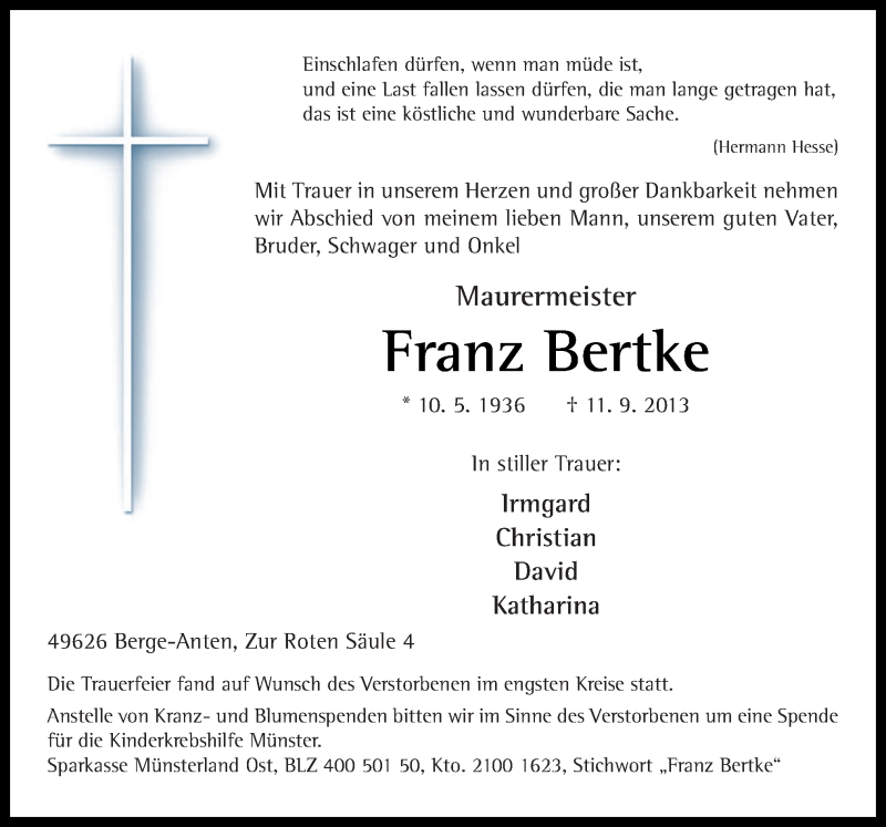  Traueranzeige für Franz Bertke vom 16.09.2013 aus Neue Osnabrücker Zeitung GmbH & Co. KG
