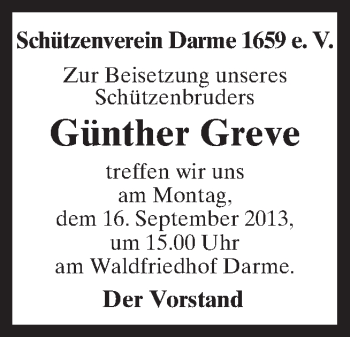 Traueranzeige von Günther Greve von Neue Osnabrücker Zeitung GmbH & Co. KG