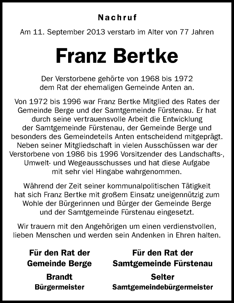  Traueranzeige für Franz Bertke vom 17.09.2013 aus Neue Osnabrücker Zeitung GmbH & Co. KG