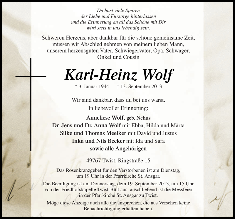  Traueranzeige für Karl-Heinz Wolf vom 16.09.2013 aus Neue Osnabrücker Zeitung GmbH & Co. KG