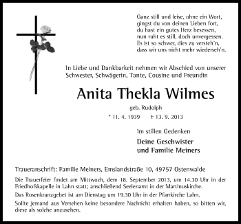 Traueranzeige von Anita Thekla Wilmes von Neue Osnabrücker Zeitung GmbH & Co. KG