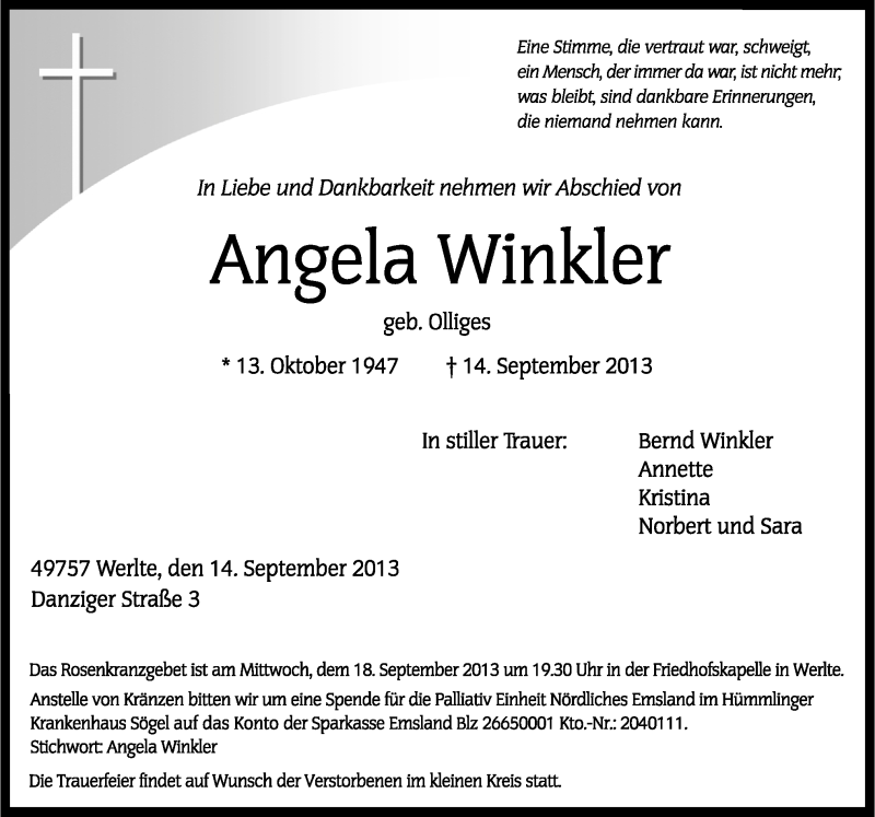  Traueranzeige für Angela Winkler vom 16.09.2013 aus Neue Osnabrücker Zeitung GmbH & Co. KG