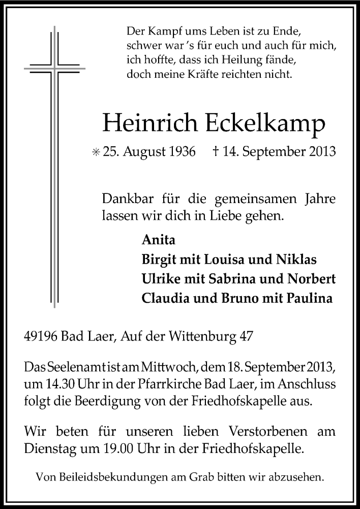  Traueranzeige für Heinrich Eckelkamp vom 16.09.2013 aus Neue Osnabrücker Zeitung GmbH & Co. KG