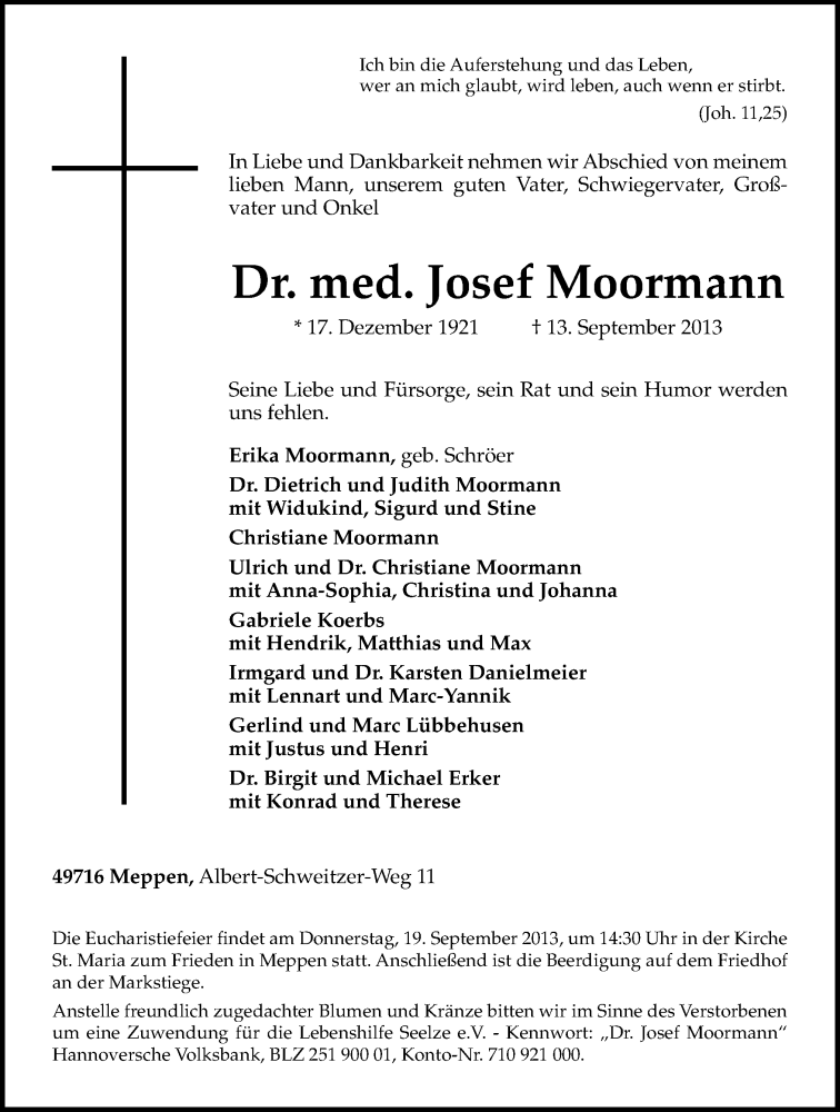  Traueranzeige für Josef Moormann vom 17.09.2013 aus Neue Osnabrücker Zeitung GmbH & Co. KG