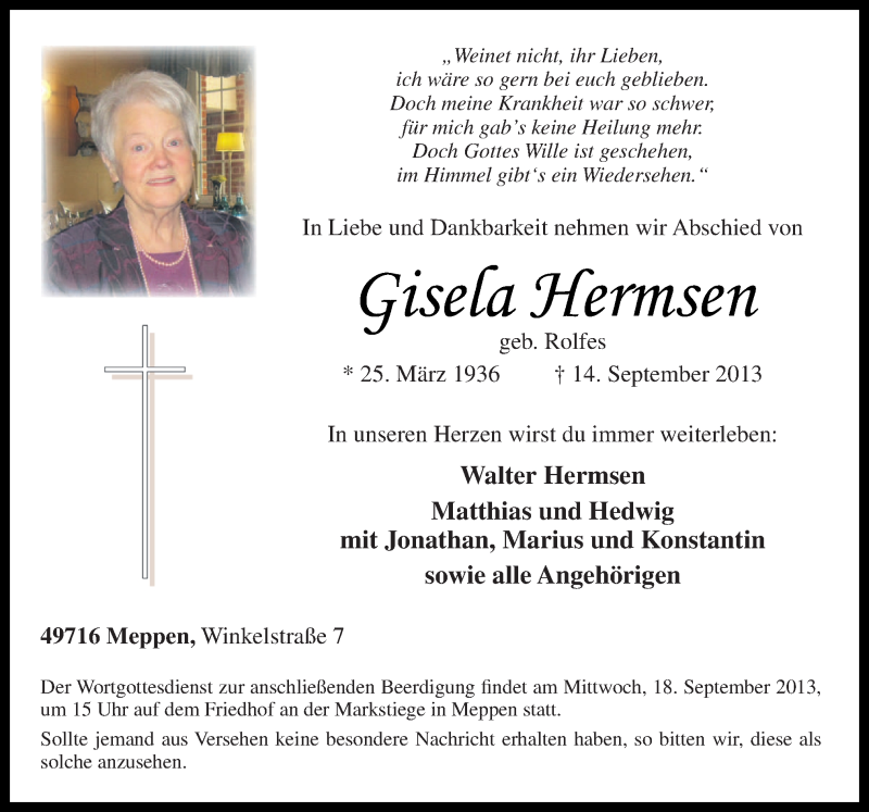  Traueranzeige für Gisela Hermsen vom 17.09.2013 aus Neue Osnabrücker Zeitung GmbH & Co. KG