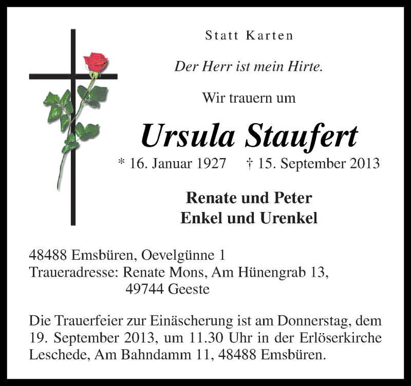 Traueranzeige für Ursula Staufert vom 17.09.2013 aus Neue Osnabrücker Zeitung GmbH & Co. KG