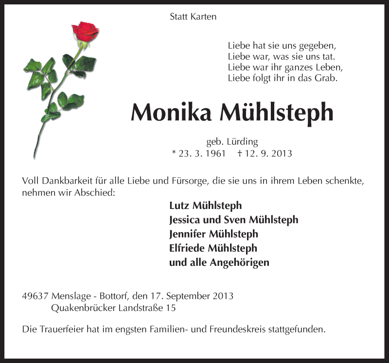  Traueranzeige für Monika Mühlsteph vom 18.09.2013 aus Neue Osnabrücker Zeitung GmbH & Co. KG