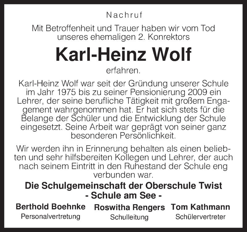 Traueranzeige für Karl-Heinz Wolf vom 18.09.2013 aus Neue Osnabrücker Zeitung GmbH & Co. KG