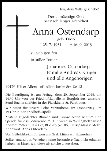 Traueranzeige von Anna Ostendarp von Neue Osnabrücker Zeitung GmbH & Co. KG