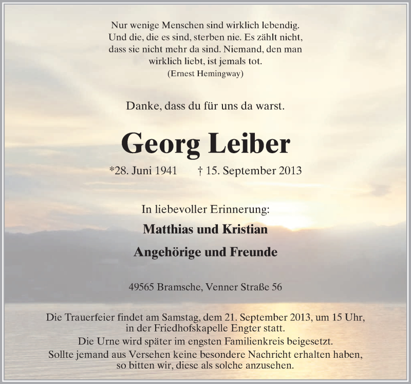  Traueranzeige für Georg Leiber vom 18.09.2013 aus Neue Osnabrücker Zeitung GmbH & Co. KG
