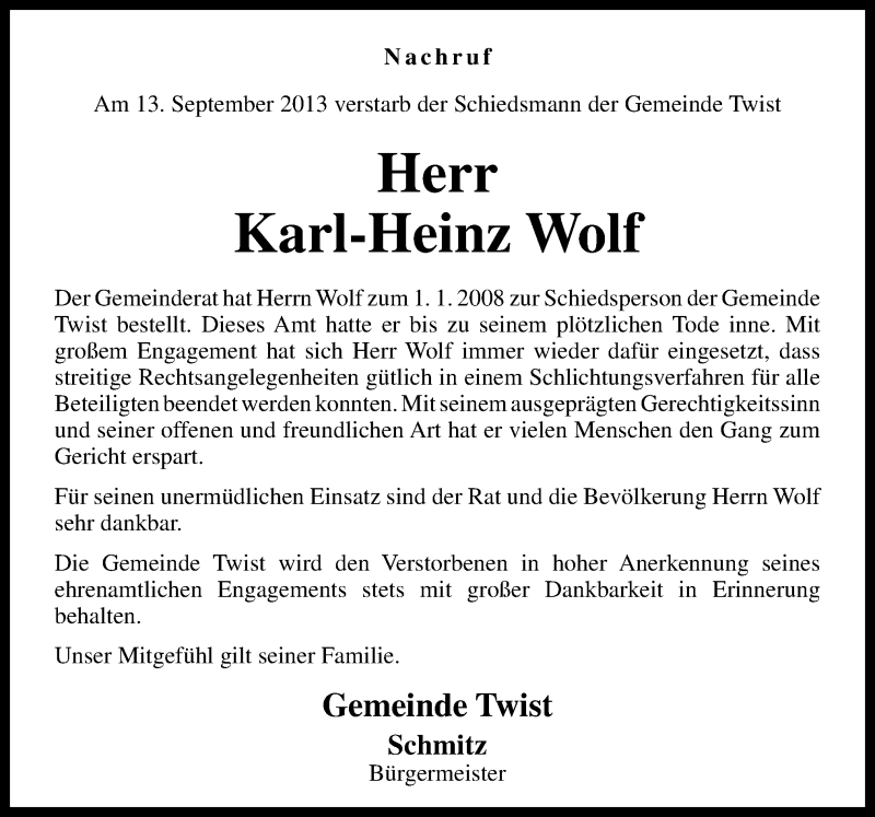  Traueranzeige für Karl-Heinz Wolf vom 19.09.2013 aus Neue Osnabrücker Zeitung GmbH & Co. KG