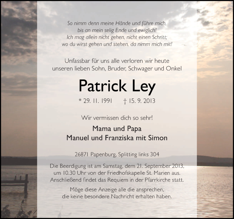  Traueranzeige für Patrick Ley vom 18.09.2013 aus Neue Osnabrücker Zeitung GmbH & Co. KG