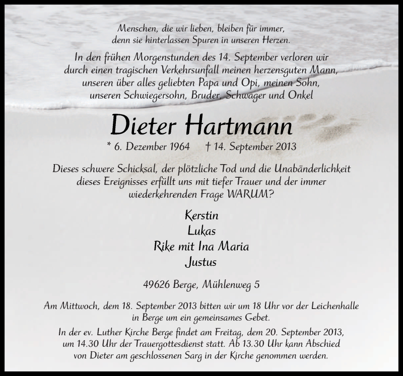  Traueranzeige für Dieter Hartmann vom 18.09.2013 aus Neue Osnabrücker Zeitung GmbH & Co. KG