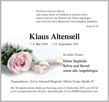 Traueranzeige von Klaus Altensell von Neue Osnabrücker Zeitung GmbH & Co. KG