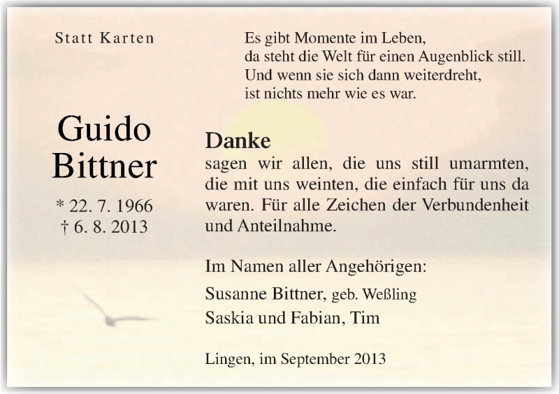  Traueranzeige für Guido Bittner vom 21.09.2013 aus Neue Osnabrücker Zeitung GmbH & Co. KG