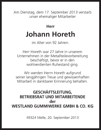 Traueranzeige von Johann Horeth von Neue Osnabrücker Zeitung GmbH & Co. KG