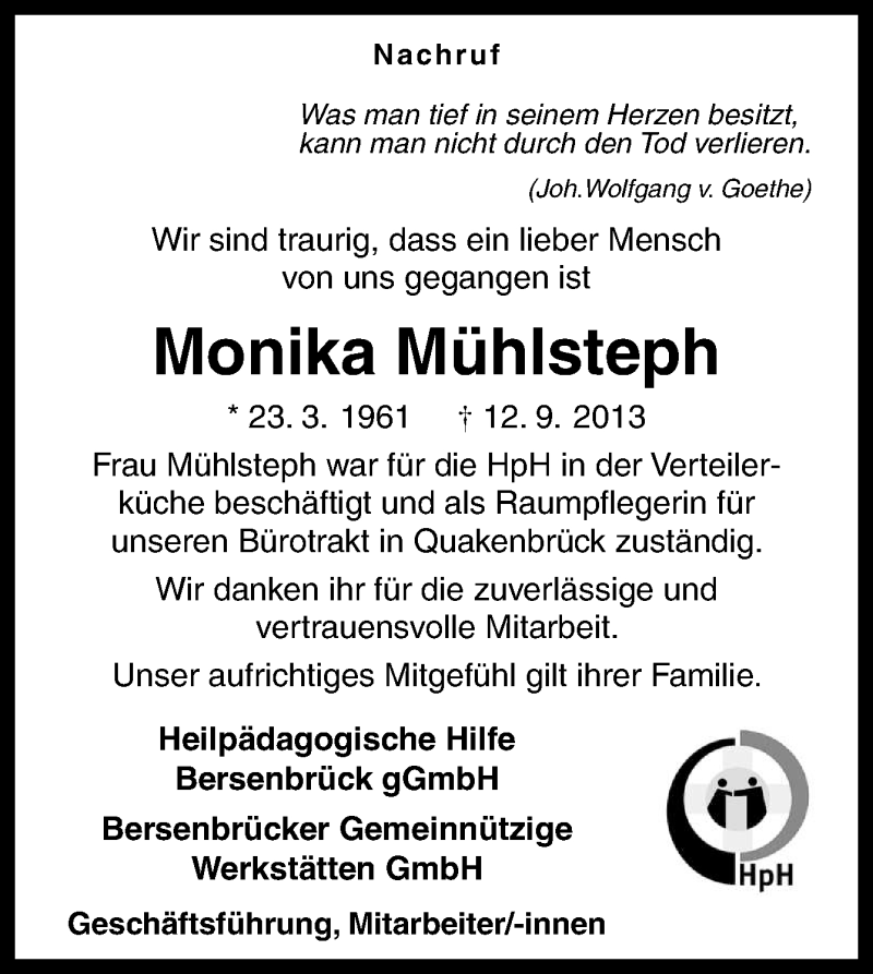  Traueranzeige für Monika Mühlsteph vom 19.09.2013 aus Neue Osnabrücker Zeitung GmbH & Co. KG