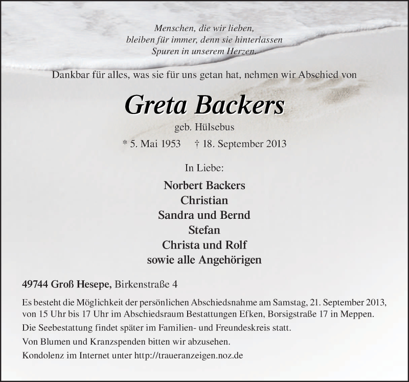  Traueranzeige für Greta Backers vom 20.09.2013 aus Neue Osnabrücker Zeitung GmbH & Co. KG