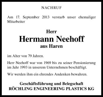 Traueranzeige von Hermann Neehoff von Neue Osnabrücker Zeitung GmbH & Co. KG