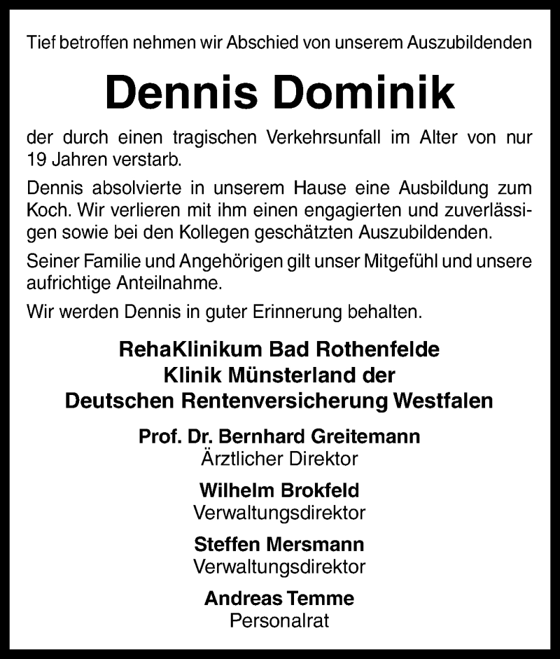  Traueranzeige für Dennis Dominik vom 21.09.2013 aus Neue Osnabrücker Zeitung GmbH & Co. KG
