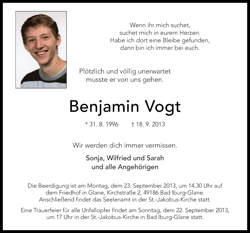  Traueranzeige für Benjamin Vogt vom 21.09.2013 aus Neue Osnabrücker Zeitung GmbH & Co. KG